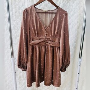 promesa V-neck clip dot shirred waist long sleeve mini dress